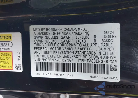 2025 Honda Civic Sport z USA, uszkodzony, nr VIN 2HGFE2F59SH527027